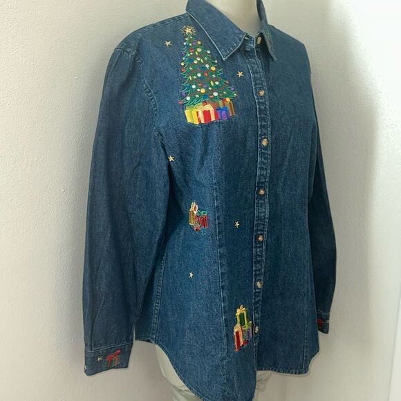 Jean denim Christmas holiday button up down shirt XL embroidered XL cotton - Picture 1 of 7